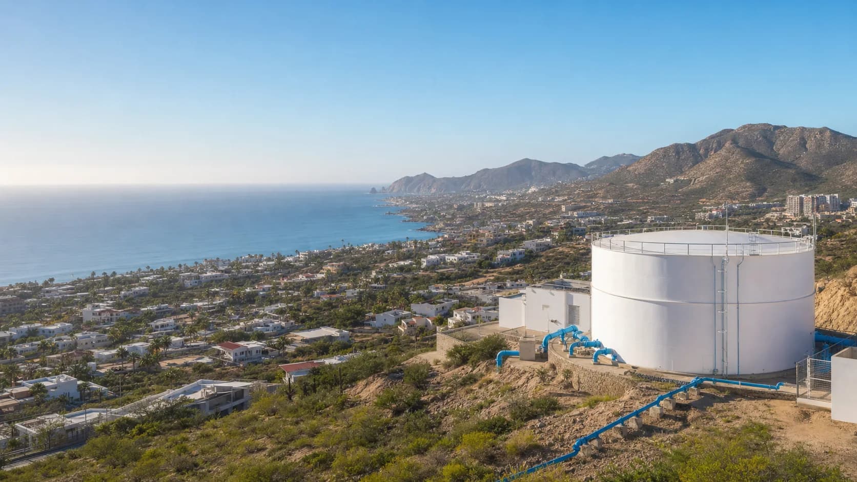 Vista costera de Los Cabos con viviendas, montañas e infraestructura de almacenamiento de agua